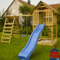 Spielturm Tom T140, PFG, SS Rot, 2SH, 6BA, SKA, HG Rot, Lenkrad Rot inkl. Wellenrutschbahn