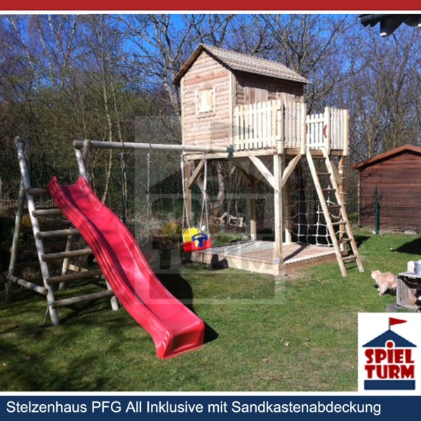 Stelzenhaus Junior All Inclusive mit Kletternetz und Sandkastenabdeckung PFG, MV RH 10cm, 4SH, RB, B
