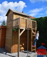 Premium Stelzenhaus Moritz mit Geräteschrank, Kletterwand und Rutschstange